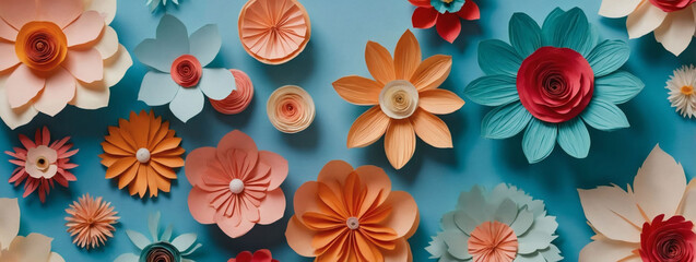Wall Mural - Colorful handmade paper blooms on light blue.