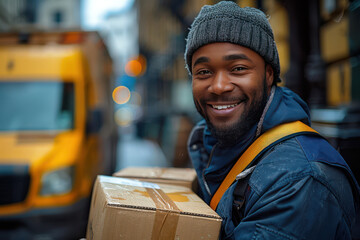 african american smiling fed ex UPS USPS delivery man is working on deliver the package on his route