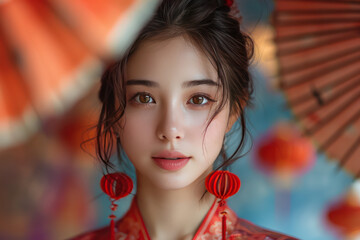 white girl is traveling in JApan, wearing the kimono costume for taking portrait on the street of kyoto 