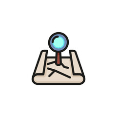 Sticker - Magnifier and map line icon. Scroll, paper, glass, itinerary. Navigation concept. Can be used for topics like orienteering, hiking, location, searching