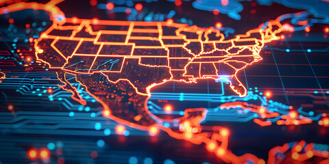 Wall Mural - glowing circuits in usa map shape.