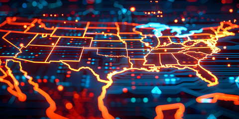 Wall Mural - glowing circuits in usa map shape.