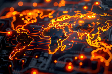 Wall Mural - glowing circuits in world map shape.