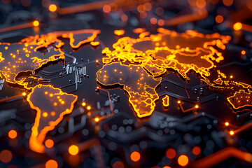 Wall Mural - glowing circuits in world map shape.