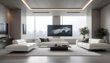 High end modern living room with white leather couch and a large flat screen tv mounted on the wall, brutalist architecture mixed with modern futuristic minimal design