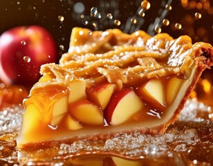 AI-generated illustration of a slice of apple pie with caramel sauce and sugar sprinkles