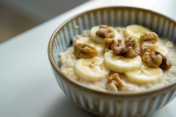 bowl of oatmeal topped with sliced banana and walnuts