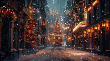 Christmas Evening in Snowy City Street