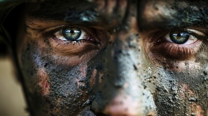 a soldier's battle-scarred face, 