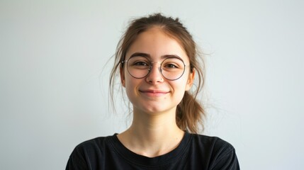 a young woman with round glasses and a warm smile, standing against a plain white background 