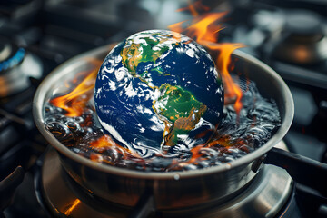 Wall Mural - earth globe inside a boiling pot full of boiling water, concept of global warming and climate change