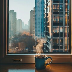 Wall Mural - Cup of steaming coffee under a window with a scenic view. Perfect for cozy, relaxing, and serene themes.