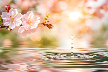 A calm surface of water, circle in water, ethereal orange and pink morning sunlight, defocused background. Wellness, softness and spirit in nature concept.