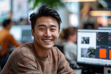 A middle-aged man in the office, smiling at the camera