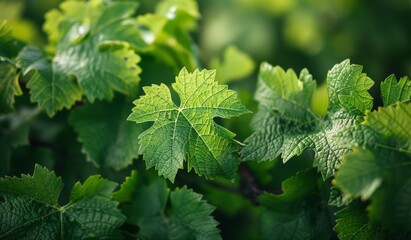 Wall Mural - The photo showcases a close-up view of vibrant green leaves with light shining on them, possibly taken during the daytime.