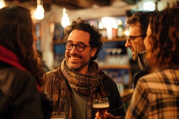 Sticker - Group of friends having fun at the bar, drinking beer and talking