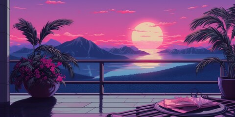 Wall Mural - Retro vintage retrowave synthwave vacation tropical exotic landscape background with palm trees scene