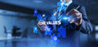 © Murrstock - Core values Responsibility Innovation. Businessman pressing button on screen.