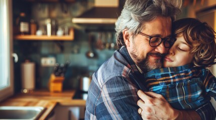 An adult hipster son and his senior father hugging indoors.