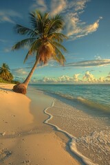 Sticker - Breathtaking Beach Scene with a Palm Tree and Blue Sky