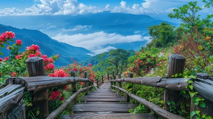 Aufkleber - The bridge is surrounded by flowers and trees, creating a serene