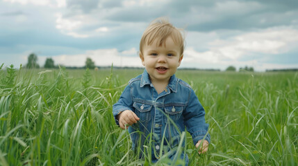 Happy toddler in denim jacket exploring the grassy field