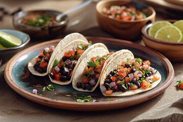 plate of black bean tacos with fresh salsa