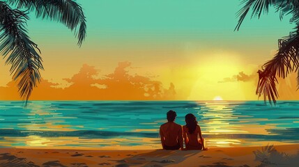 Sticker - Romantic Couple Watching Sunset on Tropical Beach with Palm Trees and Vibrant Colors in the Sky and Ocean Waves