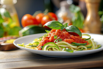plate of zucchini noodles with homemade tomato sauce