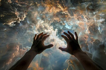 Wall Mural - surreal image of hands reaching out to touch cosmic clouds and stars, symbolizing human curiosity an