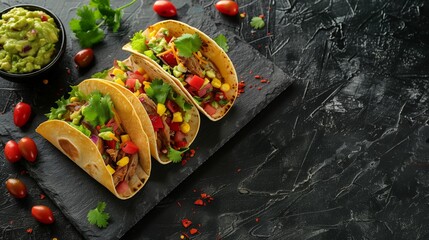 Poster - Close-up shot of three tacos with guacamole, corn, tomato, and cilantro