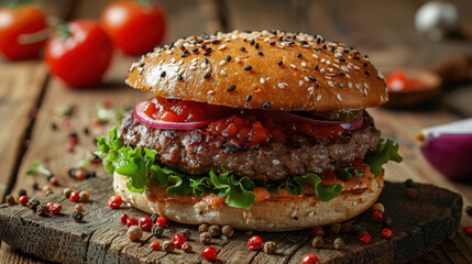 Wall Mural - A delicious gourmet beef burger topped with fresh lettuce, onions, and tomatoes, served on a sesame seed bun.
