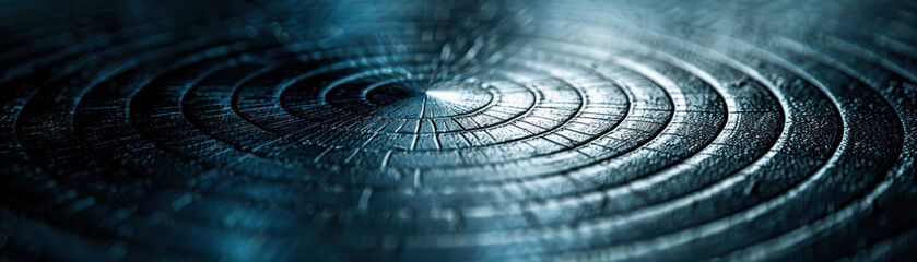 Wall Mural - close-up of a metallic surface with intricate concentric circular patterns, illuminated by blue-tint