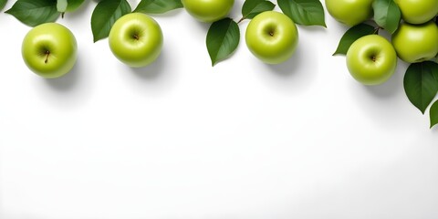 Green apples with leaves on a white background