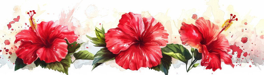 Beautiful watercolor painting of vibrant red hibiscus flowers with green leaves and artistic splashes, perfect for botanical and floral decor.