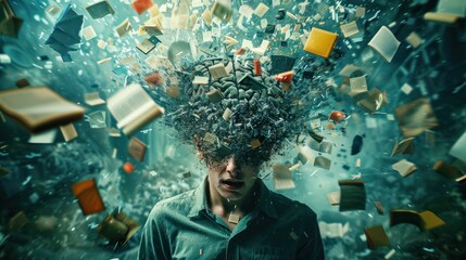 A young human brain is bombarded with overwhelming information, too much media, too much information, maximalism, news, and social