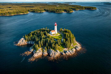 Wall Mural - Aerial view landscape of archipelago of islands with lighthouse in Gulf of Finland, skyline at blue sky background. Amazing natural wild scenery view of Scandinavian nature. Copy ad text space