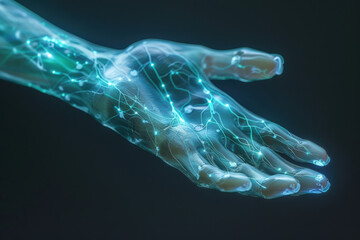 Wall Mural - A futuristic hand with glowing network lines representing technology, innovation, and advanced digital connections, isolated on a dark background.
