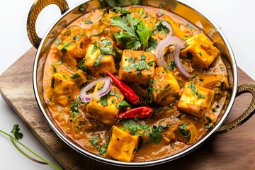 Wall Mural - Indian-style cottage cheese vegetarian curry dish. Kadai Paneer - traditional Indian food. paneer tikka masala in a pan on a wooden board on a white background