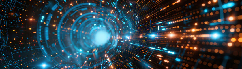 Wall Mural - Abstract futuristic tunnel with blue and orange glowing lights, representing technology, data, and digital connections in a sci-fi environment.