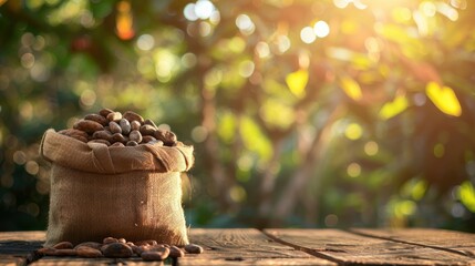 Cocoa beans harvest in jute sack on wooden table with blurry crop farm background, cocoa plant for product consume