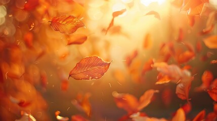 Wall Mural - Vivid close up view of autumn leaves falling with bright backlight from sun setting