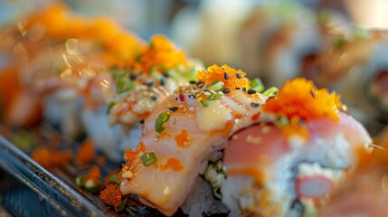 Wall Mural - Close-up of sushi rolls with fresh fish and colorful toppings, inviting viewers to savor the exquisite flavors.