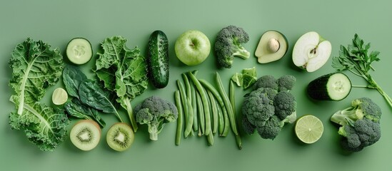 Wall Mural - Unique arrangement of kale, broccoli, green beans, zucchini, cucumber, apple, kiwi, and lemongrass on a vibrant green backdrop, showcasing a flat lay design and conveying a creative perspective 