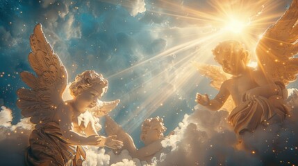 Wall Mural - angels are flying in the sky, with one of them holding a sun
