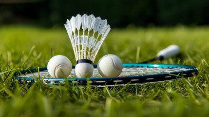 Badminton racket lying on the grass