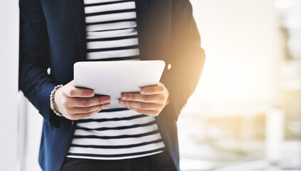 Aufkleber - Office, tablet and hands of business person for research, information or project inspiration with tech. Creative agency, web designer or digital for planning, design ideas or application in workplace