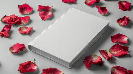 Wall Mural - Beautiful white book with rose petal on a solid background, book cover