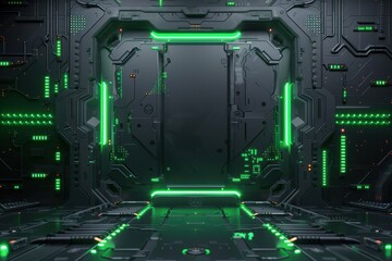 Wall Mural - A futuristic space station with green walls and lights