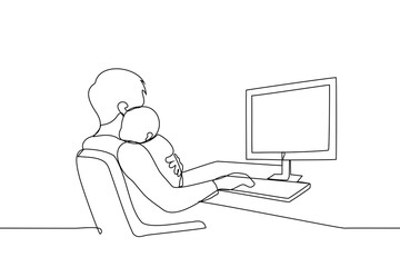 man with a baby in his arms sits at a computer and types on the keyboard with his free hand one line art vector. concept of maternity leave for men, single father, father's day